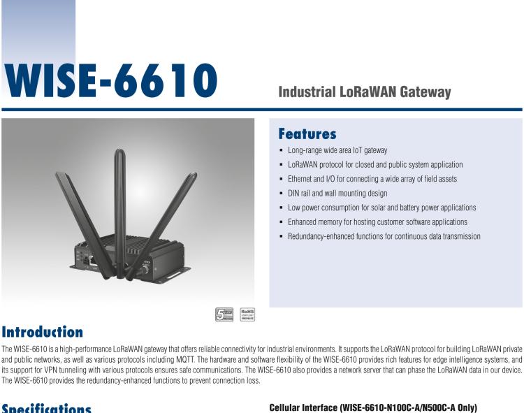 研華WISE-6610-E100 Hardened LoRaWAN 8-Channel Gateway EU 868 MHz - Support 100 nodes