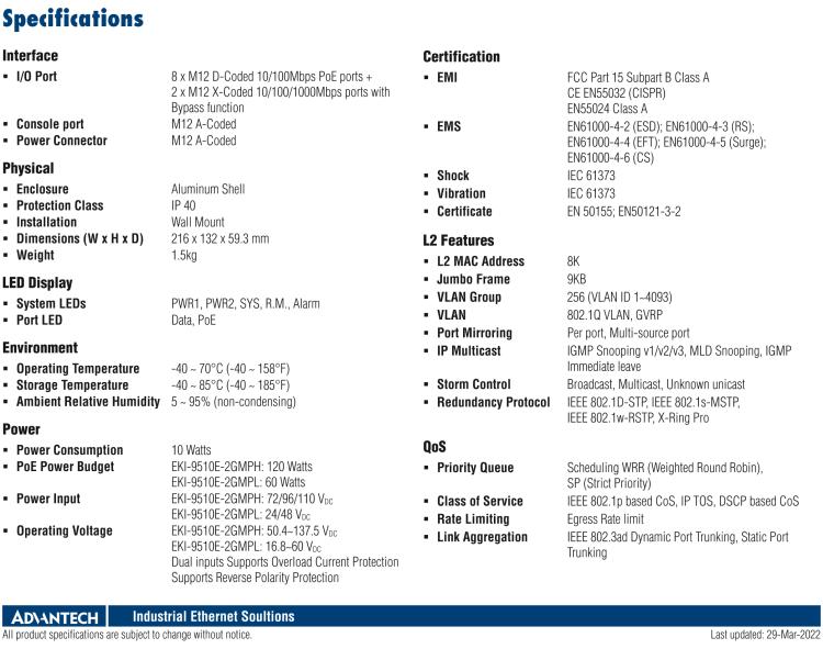 研華EKI-9510E-2GMPL 10個(gè)百兆M12 POE端口網(wǎng)管EN50155交換機(jī)， 支持24/48 VDC供電