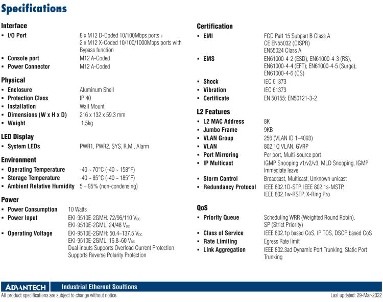 研華EKI-9510E-2GML 10個(gè)百兆M12端口網(wǎng)管型EN50155交換機(jī)， 支持24/48 VDC供電