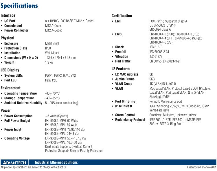 研華EKI-9508G-MPH 8個(gè)千兆M12 POE端口非網(wǎng)管EN50155交換機(jī)， 支持72/96/110 VDC供電