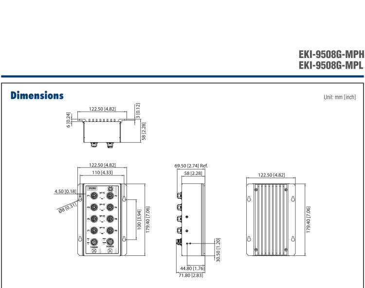 研華EKI-9508G-MPH 8個(gè)千兆M12 POE端口非網(wǎng)管EN50155交換機(jī)， 支持72/96/110 VDC供電