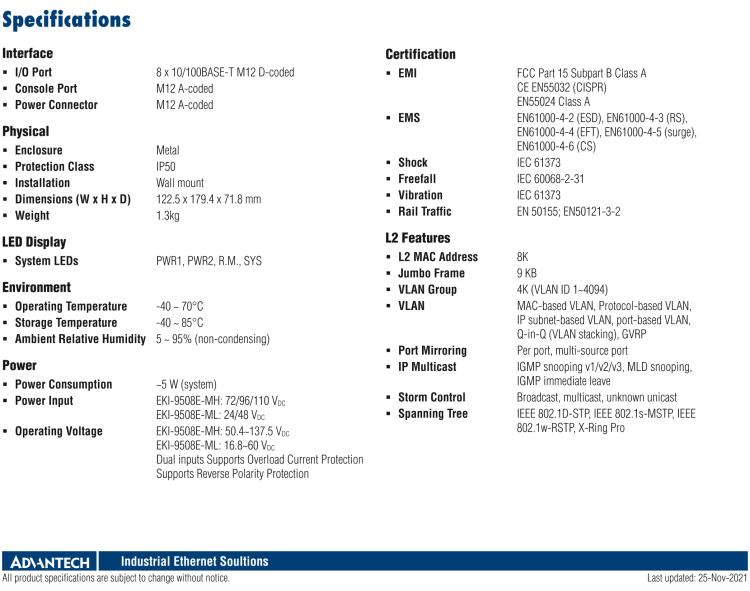 研華EKI-9508E-MH 8個(gè)百兆M12端口非網(wǎng)管EN50155交換機(jī)， 支持72/96/110 VDC供電