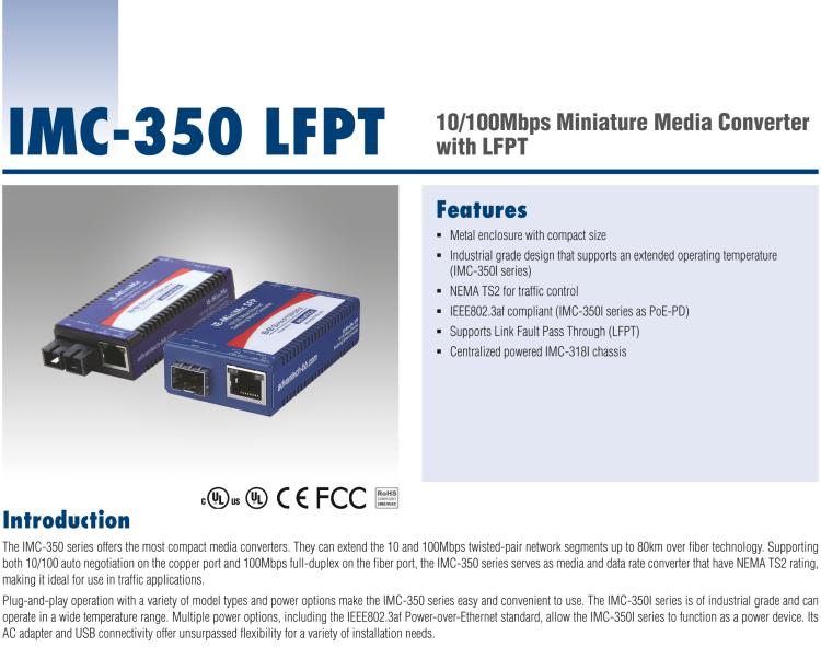 研華IMC-350-SSMT-PS-A Mini Media Converter, 100Mbps, Single mode, 1310xmt, LFPT, 2km, SC, AC adapter