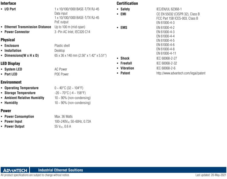 研華EKI-2701HP-AC IEEE 802.3at Gigabit PoE+ Injector