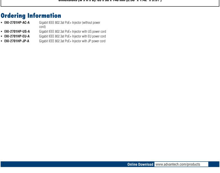 研華EKI-2701HP-AC IEEE 802.3at Gigabit PoE+ Injector