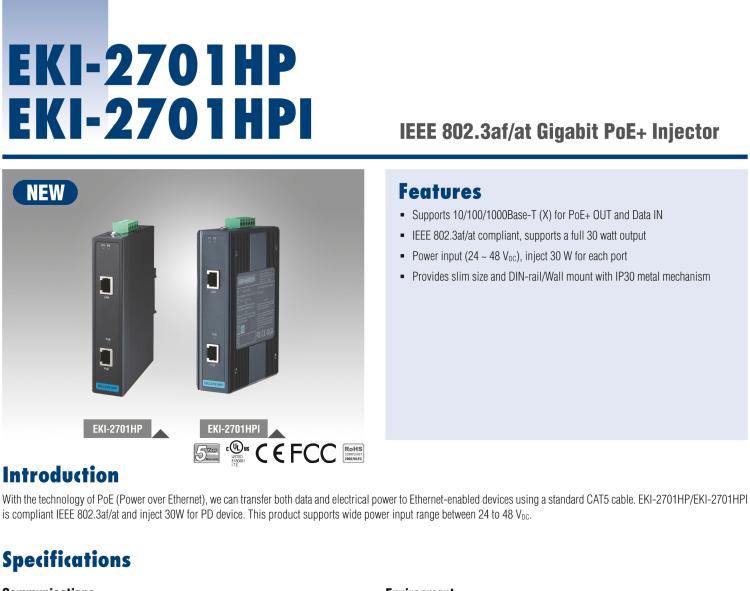 研華EKI-2701HP 1GE PoE Injector, IEEE802.3af/at, 24~48VDC