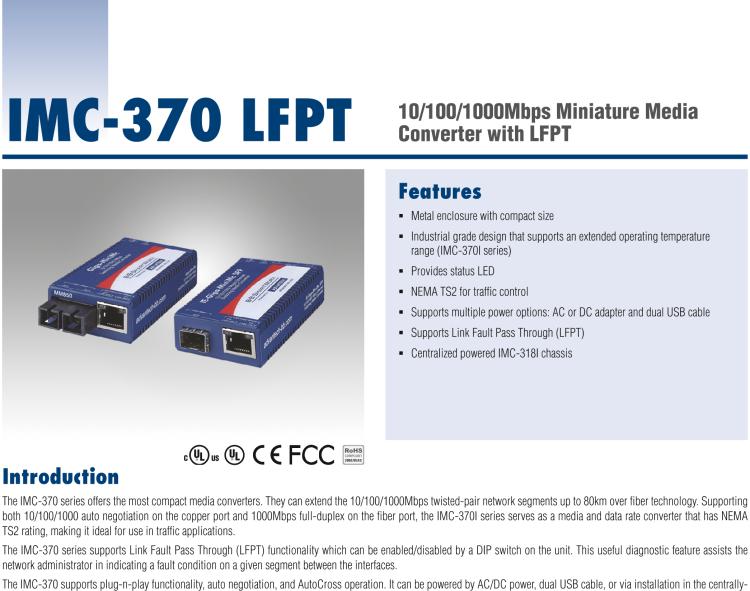 研華IMC-370-SFP-PS-B Miniature Media Converter, 1000TX, LFPT, SFP, w/ AC adapter