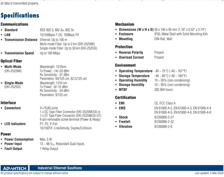 研華EKI-2525SI-ST 4FE+1FE ST Single-mode Unmanaged Ethernet Switch, -40~75℃