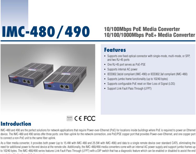 研華IMC-480-SEST-US Standalone PoE Media Converter, 100Mbps, Single mode 1310nm, 40km, ST, AC adapter (also known as PoE McBasic 852-11716)