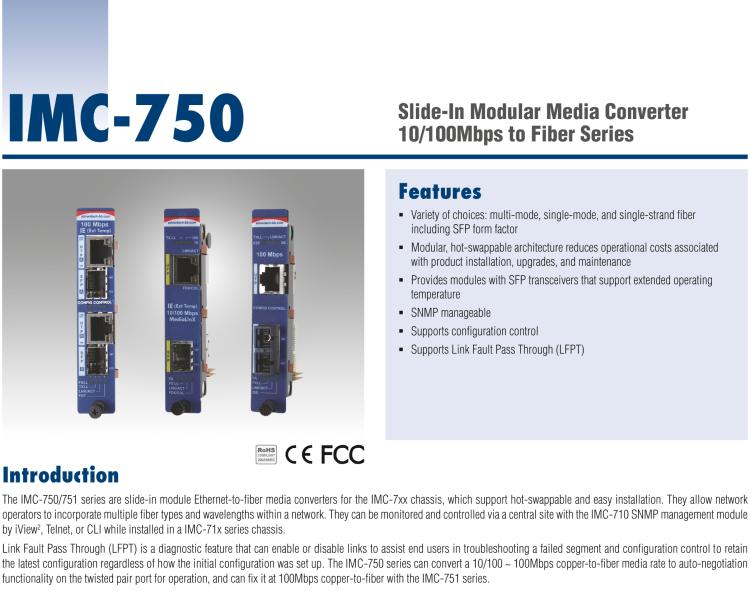 研華IMC-751-MMST Managed Modular Media Converter, 100Mbps, Multimode 1300nm, 5km, ST (also known as iMcV 850-15613)