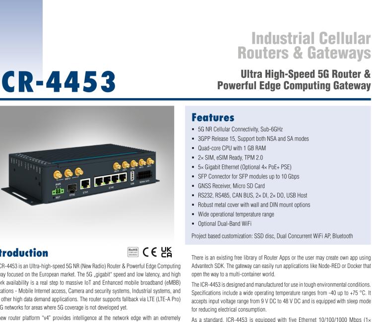 研華ICR-4453S ICR-4400, EUROPE, NAM, 5x Ethernet, 1x RS232, 1x RS485, CAN, PoE PSE+, SFP, USB, SD, Without Accessories