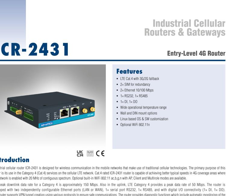 研華ICR-2431W ICR-2400, EMEA, 2x Ethernet , 1x RS232, 1x RS485, Wi-Fi, Metal, Without Accessories