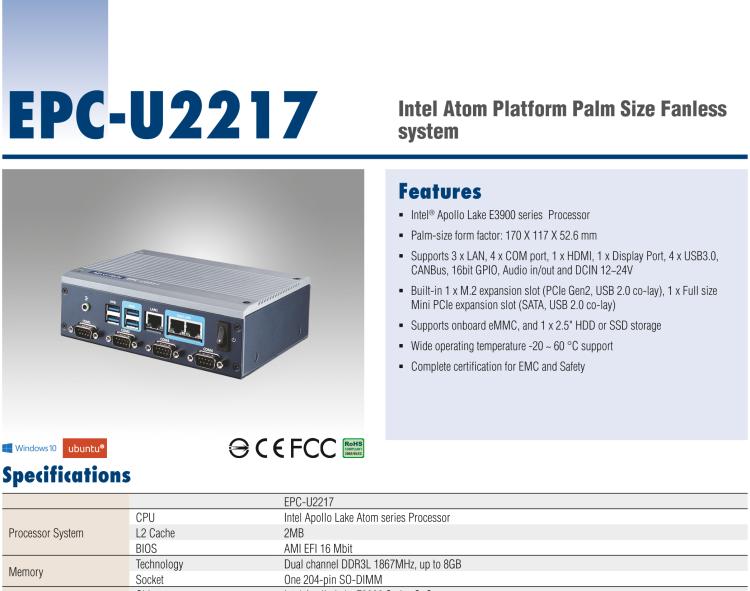 研華EPC-U2217 Intel Atom第六代Apollo Lake無風扇嵌入式工控機，3LAN，板載eMMC，CANBUS