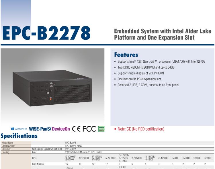 研華EPC-B2278 適配Intel 第12代 Core i 系列處理器，搭載Q670E芯片組。2U高度，精簡尺寸，性能強勁，是小尺寸高性能場景的理想解決方案。