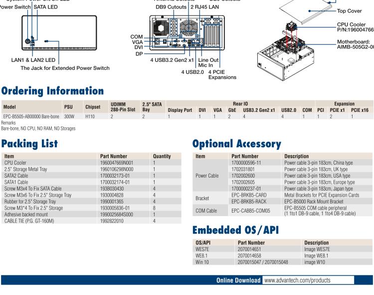 研華EPC-B5505 適配Intel? 第6/7代 Core ? i/Xeon E3系列處理器，搭載H110芯片組。標準4U上架，廣泛適用于各種行業(yè)。