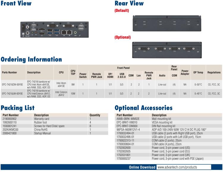 研華EPC-T4218 適配Intel 第8代 賽揚(yáng)/凌動(dòng)系列處理器。1U超薄高度，無風(fēng)扇系統(tǒng)，性能強(qiáng)勁，性價(jià)比高。