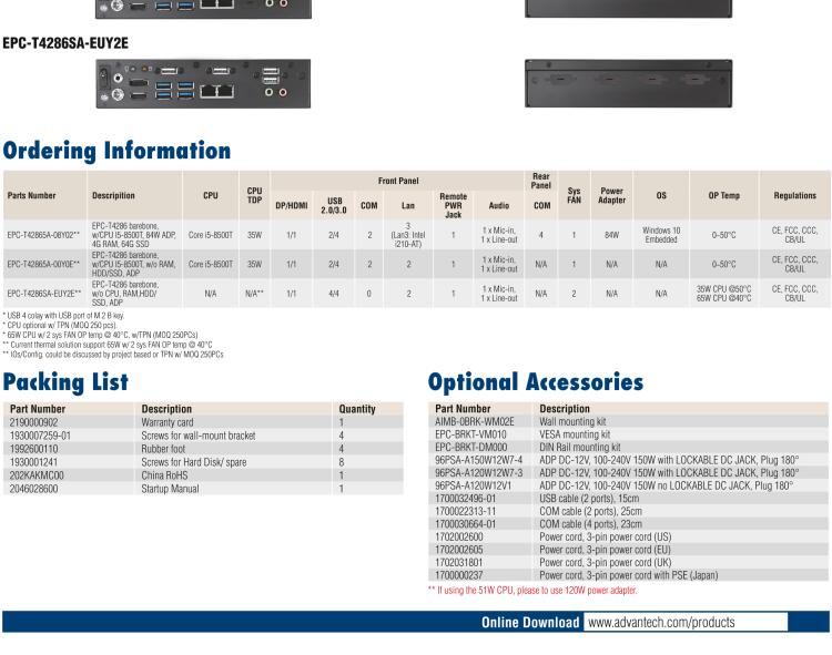 研華EPC-T4286 適配Intel? 第8/9代 Core? i 系列處理器，搭載H310芯片組。1U超薄高度，性能強勁。