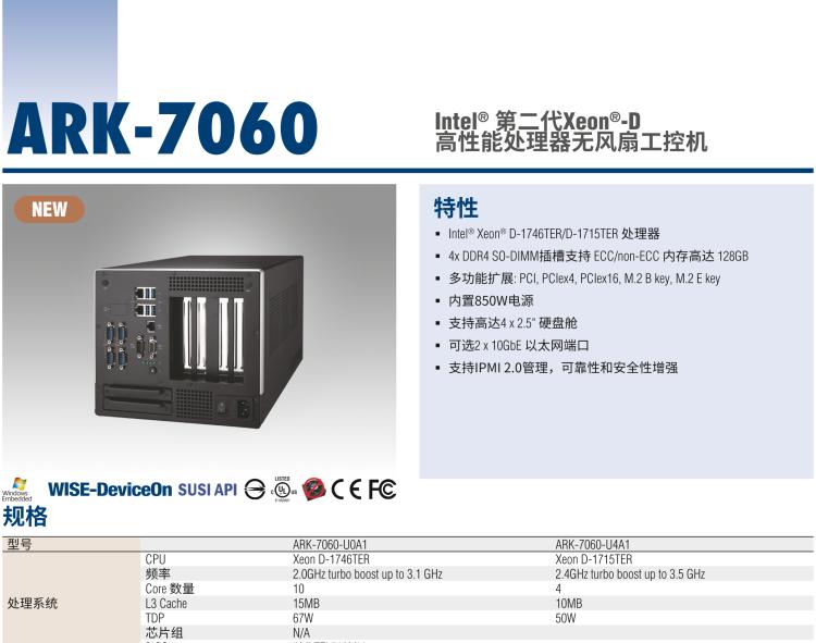 研華ARK-7060 搭載Intel二代Xeon D-1700高性能處理器系統(tǒng)，具有3個(gè)擴(kuò)展插槽