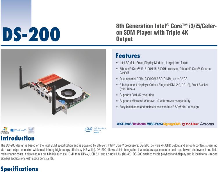 研華DS-200 Intel ? 第八代 Core? i3/i5 SDM，支持4K三顯的數(shù)字標(biāo)牌播放器