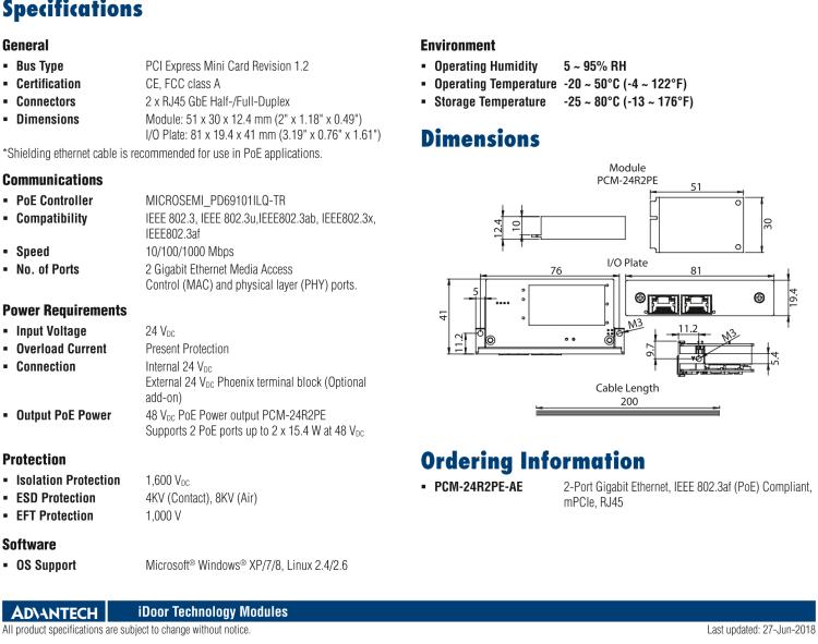 研華PCM-24R2PE 2端口千兆以太網(wǎng)，兼容IEEE 802.3af（PoE），mPCIe，RJ45