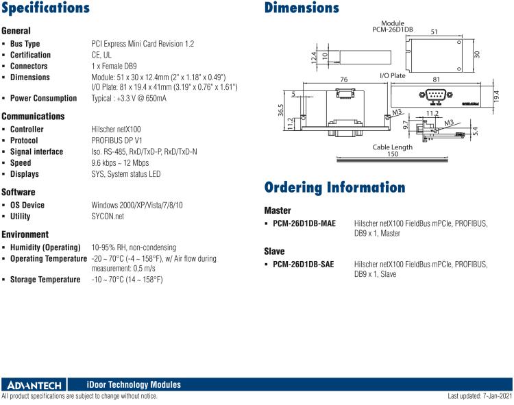 研華PCM-26D1DB 1端口 Hilscher netX100 現(xiàn)場總線 mPCIe，PROFIBUS，DB9