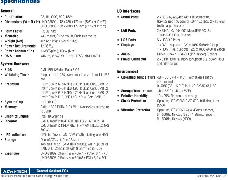 研華UNO-3283G 高效能嵌入式無(wú)風(fēng)扇工業(yè)電腦，搭配Intel? Core? i 處理器，2×GbE, 2×mPCIe, HDMI, DVI-I