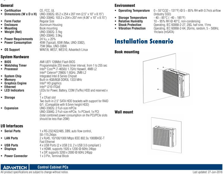 研華UNO-3382G Intel? Core? i7/Celeron控制柜PC，2 x GbE, 2 x mPCIe, HDMI/DP