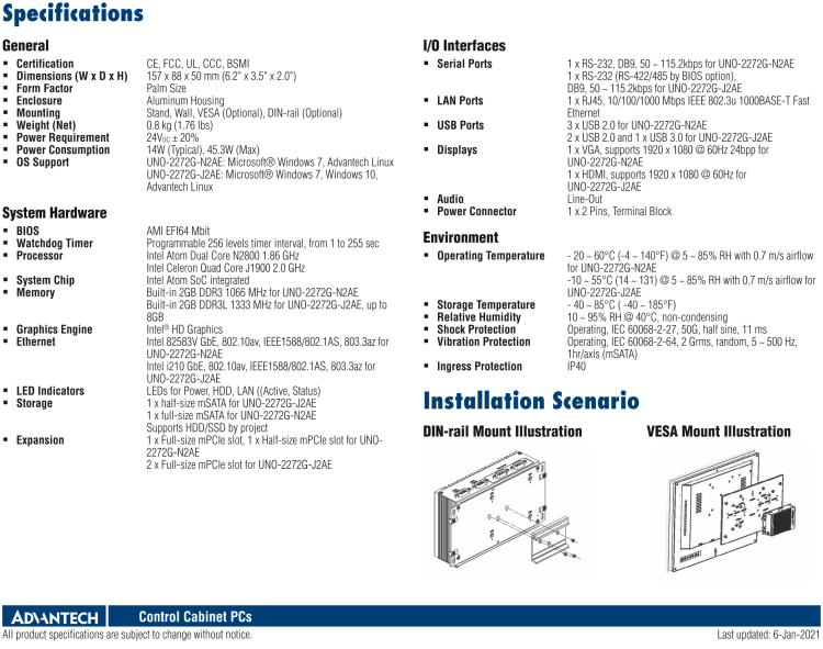 研華UNO-2272G 袖珍型嵌入式工控機，搭配Intel? Atom?處理器，1 x GbE, 2 x mPCIe, VGA/HDMI