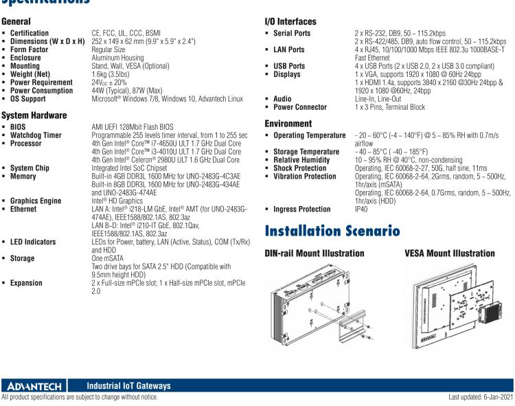 研華UNO-2483G 標(biāo)準(zhǔn)型嵌入式無(wú)風(fēng)扇工業(yè)電腦，搭配Intel? Core? i7/i3/Celeron處理器，4×GbE, 3×mPCIe, HDMI/VGA