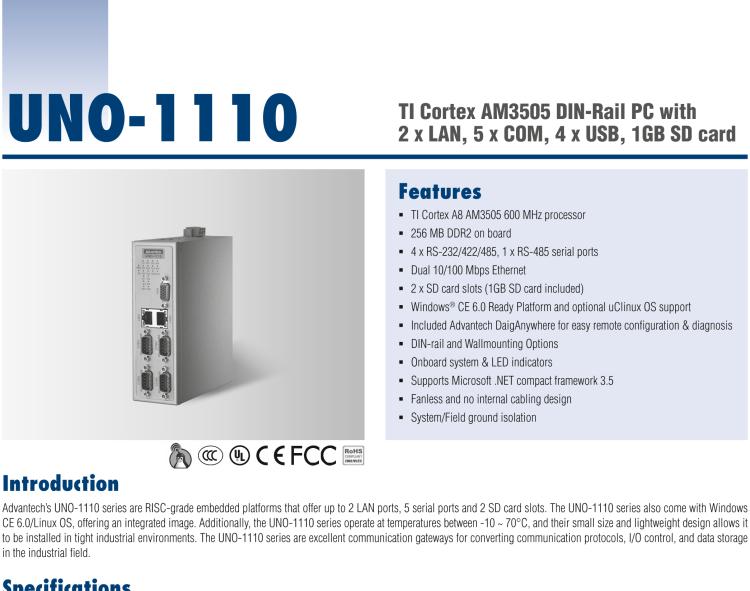 研華UNO-1110 導軌安裝型工業(yè)控制器，搭配TI Coretex AM3505 處理器，2×LAN，5×COM，4×USB，1 GB SD卡