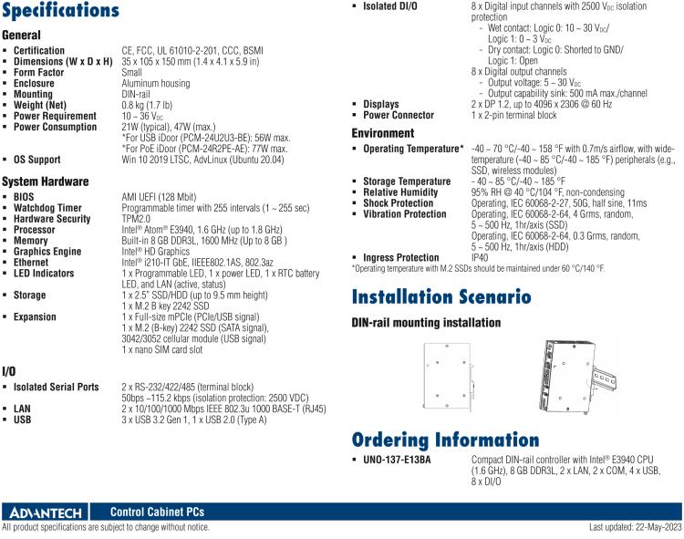 研華UNO-137 DIN導(dǎo)軌控制器，配備Intel?Atom?E3940 CPU、2個LAN、2個COM、3個USB 3.0、1個USB 2.0、2個DP 1.2、8個DI、8個DO、1個M.2、1個mPCIe、TPM 2.0