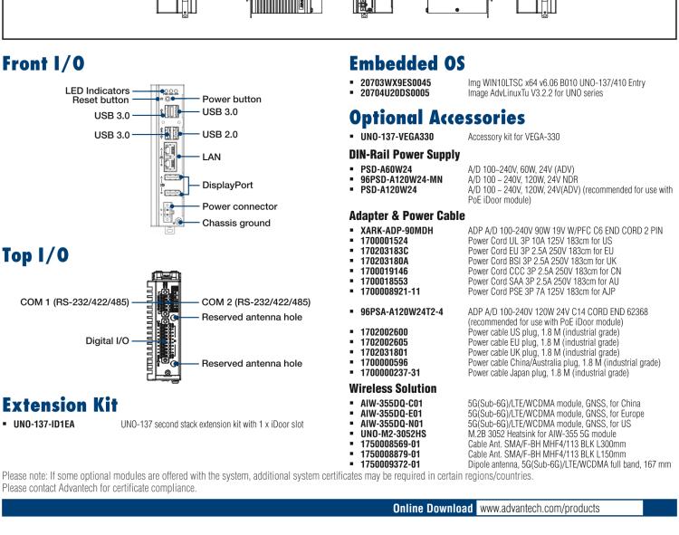 研華UNO-137 DIN導(dǎo)軌控制器，配備Intel?Atom?E3940 CPU、2個LAN、2個COM、3個USB 3.0、1個USB 2.0、2個DP 1.2、8個DI、8個DO、1個M.2、1個mPCIe、TPM 2.0