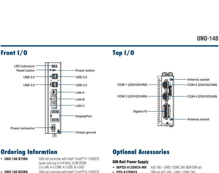 研華UNO-148 常規(guī)無風(fēng)扇DIN導(dǎo)軌控制器，采用第11代Intel? Core? i處理器