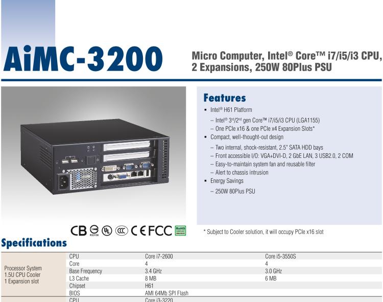 研華AiMC-3200 智能微型工控機，Intel Core i7/i5/i3 CPU,2 擴展槽，250W 80 Plus PSU