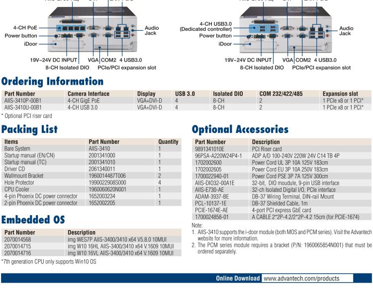 研華AIIS-3410 Compact Vision System, Supports Intel? 6th generation Core i CPU, 4-CH Camera Interface for GigE PoE or USB 3.0