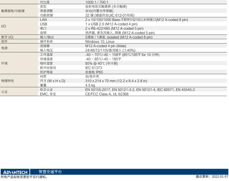 研華ITA-8100 滿足鐵路En50155認證標準，10.4寸可觸屏式平板電腦，支持英特爾?凌動x7-E3950處理器