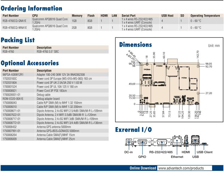 研華RSB-4760 基于Qualcomm ARM Cortex-A53 APQ8016 的3.5寸單板電腦