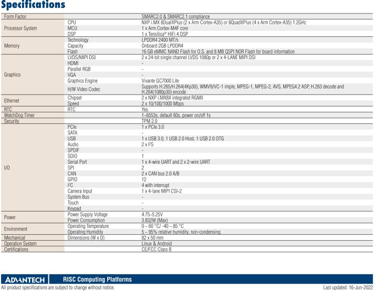 研華ROM-5620 基于NXP i.MX8X SMARC2.0 Arm核心板，多接口，低功耗設(shè)計