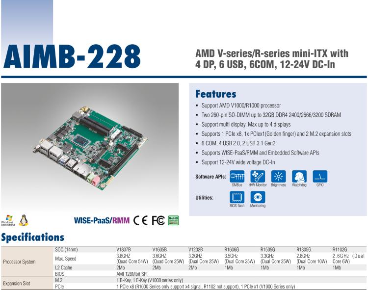 研華AIMB-228 板載AMD V系列/R系列處理器。超薄設計，支持寬壓，廣泛應用在圖像處理、醫(yī)療影像等行業(yè)上。