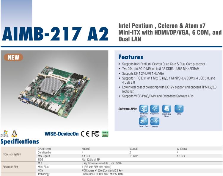 研華AIMB-217 板載Intel? 第6代 奔騰、賽揚(yáng)、凌動系列處理器。擁有多COM和雙千兆網(wǎng)口，超薄緊湊，無風(fēng)扇設(shè)計，支持寬溫。