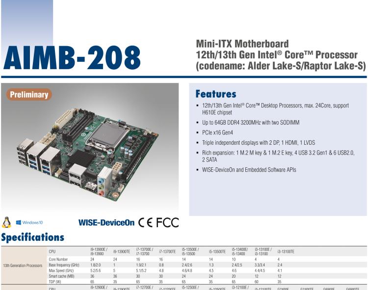 研華AIMB-208 適配Intel 第12/13代 Core i/奔騰系列處理器，搭載H110芯片組。高性價(jià)比，擁有豐富的擴(kuò)展接口，通用性強(qiáng)，穩(wěn)定可靠。