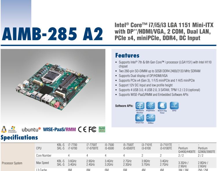研華AIMB-285 適配Intel? 第6/7代 Core? i 處理器，搭載H110芯片組。超薄緊湊，是理想的高性價(jià)比解決方案。