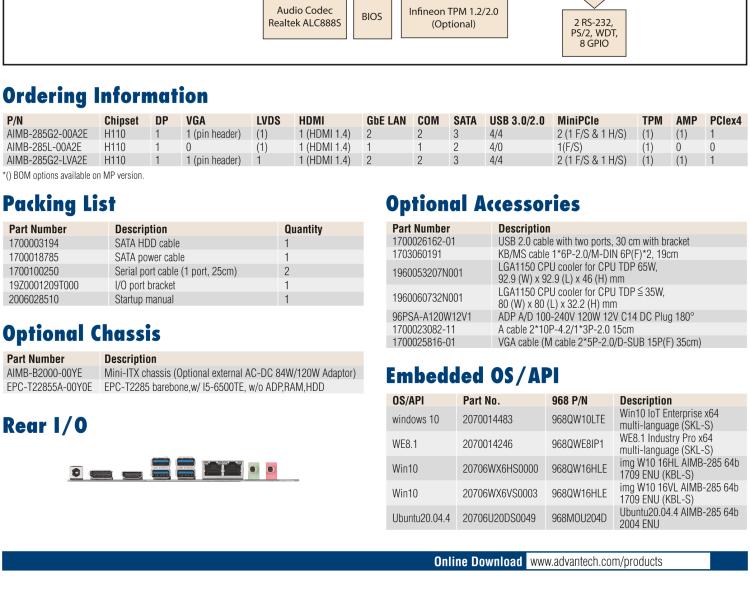 研華AIMB-285 適配Intel? 第6/7代 Core? i 處理器，搭載H110芯片組。超薄緊湊，是理想的高性價(jià)比解決方案。