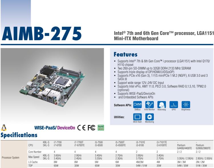 研華AIMB-275 適配Intel? 第6/7代 Core? i 處理器，搭載Intel Q170/H110芯片組。性能強(qiáng)勁，接口豐富。