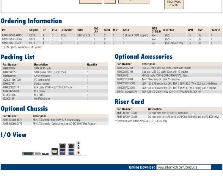 研華AIMB-275 適配Intel? 第6/7代 Core? i 處理器，搭載Intel Q170/H110芯片組。性能強(qiáng)勁，接口豐富。