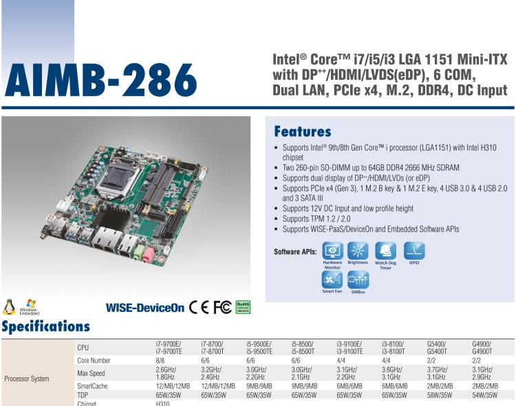 研華AIMB-286 Intel? 第8/9代 Core? i 系列處理器，搭載Intel H310芯片組。超薄設(shè)計，結(jié)構(gòu)緊湊。