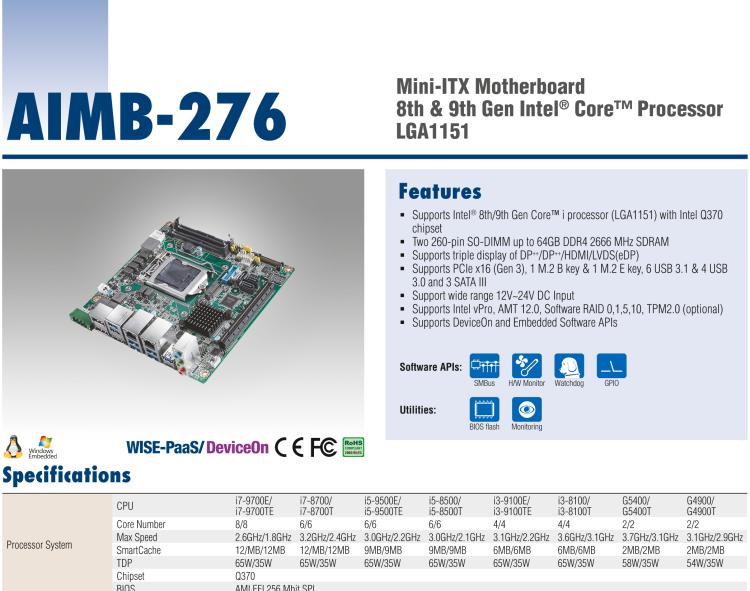 研華AIMB-276 適配Intel 第8/9代 Core?i7/i5/i3 處理器，搭載Q370芯片組。超高性能，是邊緣計算、AI視頻檢測等理想解決方案。