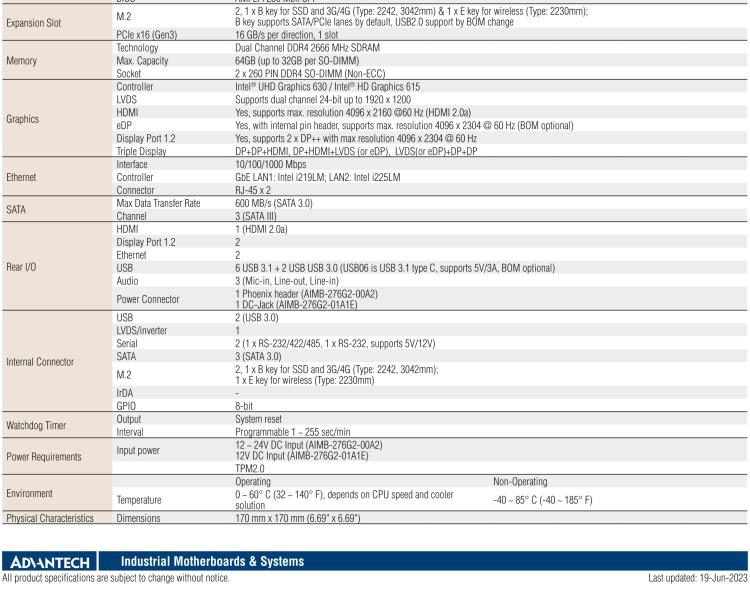 研華AIMB-276 適配Intel 第8/9代 Core?i7/i5/i3 處理器，搭載Q370芯片組。超高性能，是邊緣計算、AI視頻檢測等理想解決方案。