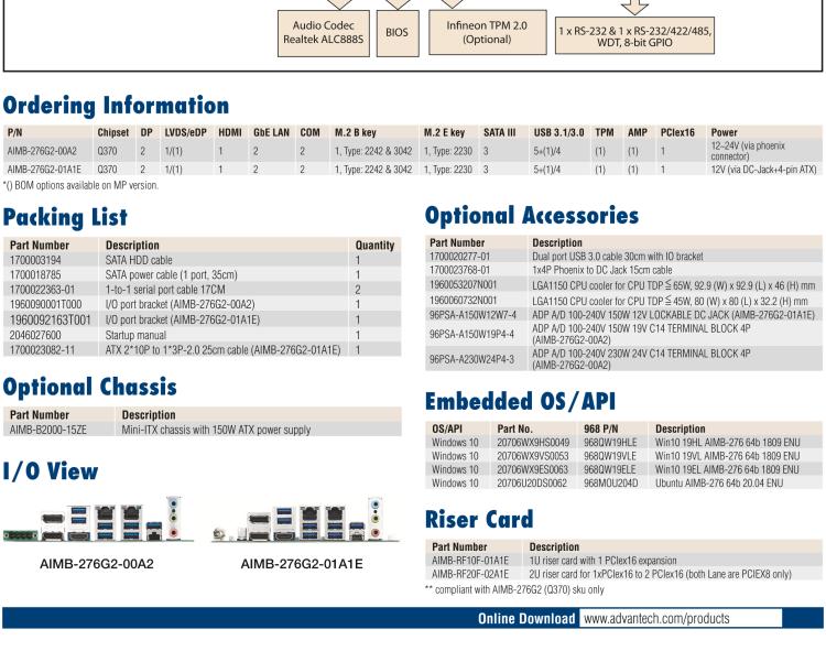 研華AIMB-276 適配Intel 第8/9代 Core?i7/i5/i3 處理器，搭載Q370芯片組。超高性能，是邊緣計算、AI視頻檢測等理想解決方案。