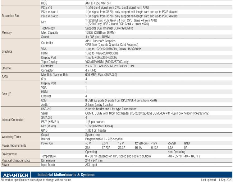 研華AIMB-522 適配AMD Ryzen? AM4 5000系列處理器，搭載X570芯片組。具有豐富接口，雙千兆網(wǎng)口和雙2.5GbE網(wǎng)口設(shè)計(jì)，用于自動(dòng)化和人工智能圖像處理等高端行業(yè)。